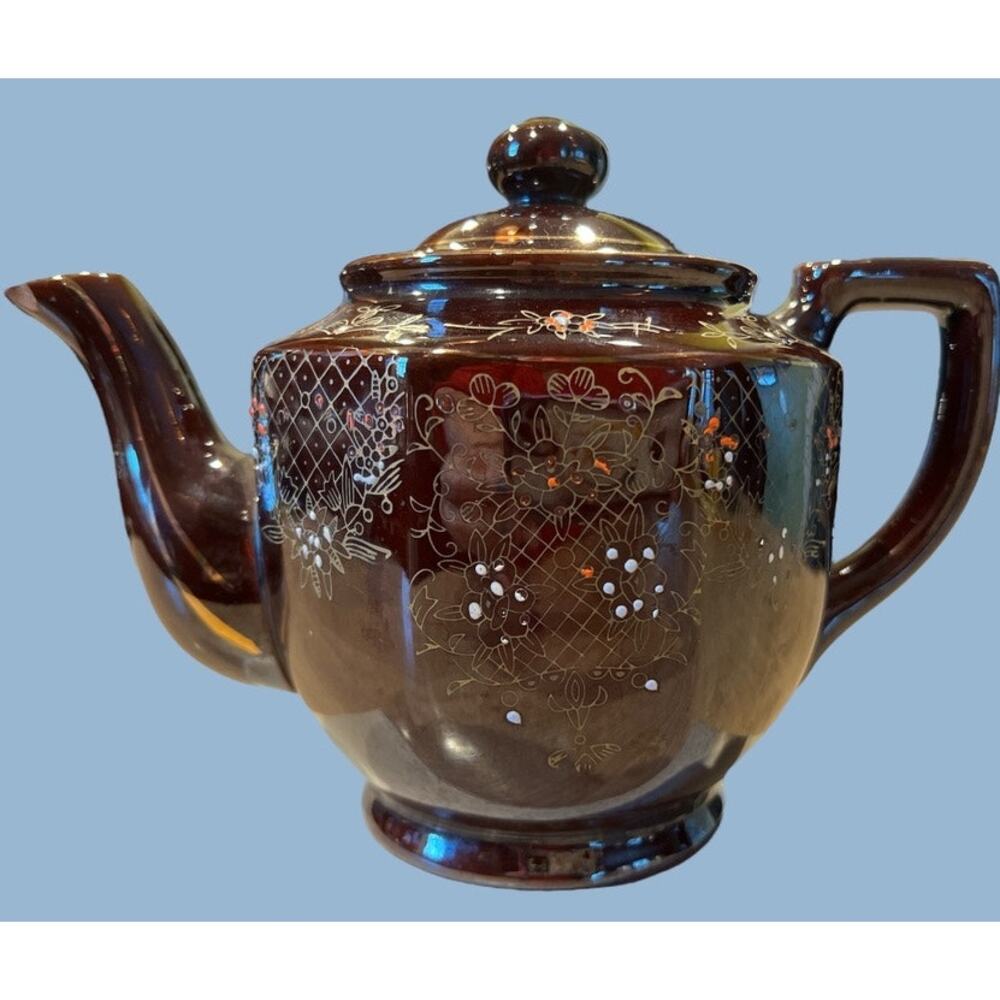 Vtg Hand Painted Japan Ceramic Tea Pot FLAW Brown Orange Retro Granny Decor Art